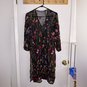 AA&ZZ Women’s Dress Black Floral Embroidered Mesh Kimono Cover Up Sz S